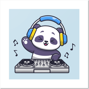 Cute Panda Playing DJ Electronic Music With Headphone Cartoon Posters and Art